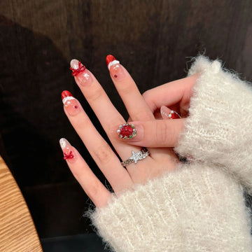 Daiiibabyyy  10pcs Cat's Eye Red Handmade False Nail Tips Bow Lines Design Long Oval Nail Rhinestone Press on Nails Art Wearable Fake Nail